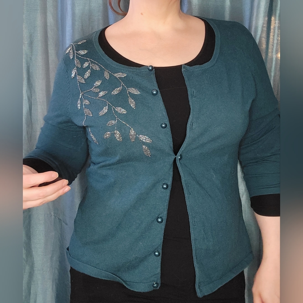 Turquoise Beaded Cardigan with iridescent leaf beading